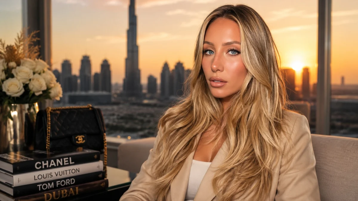 Alix Earle Net Worth lifestyle image featuring Alix Earle in a luxury apartment with a modern city skyline, reflecting her successful influencer career, elegant fashion, and affluent lifestyle.