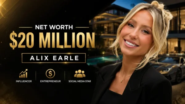 Alix Earle Net Worth featured image showing the social media influencer smiling in front of a luxury mansion, highlighting her estimated wealth, successful career, and lavish lifestyle.