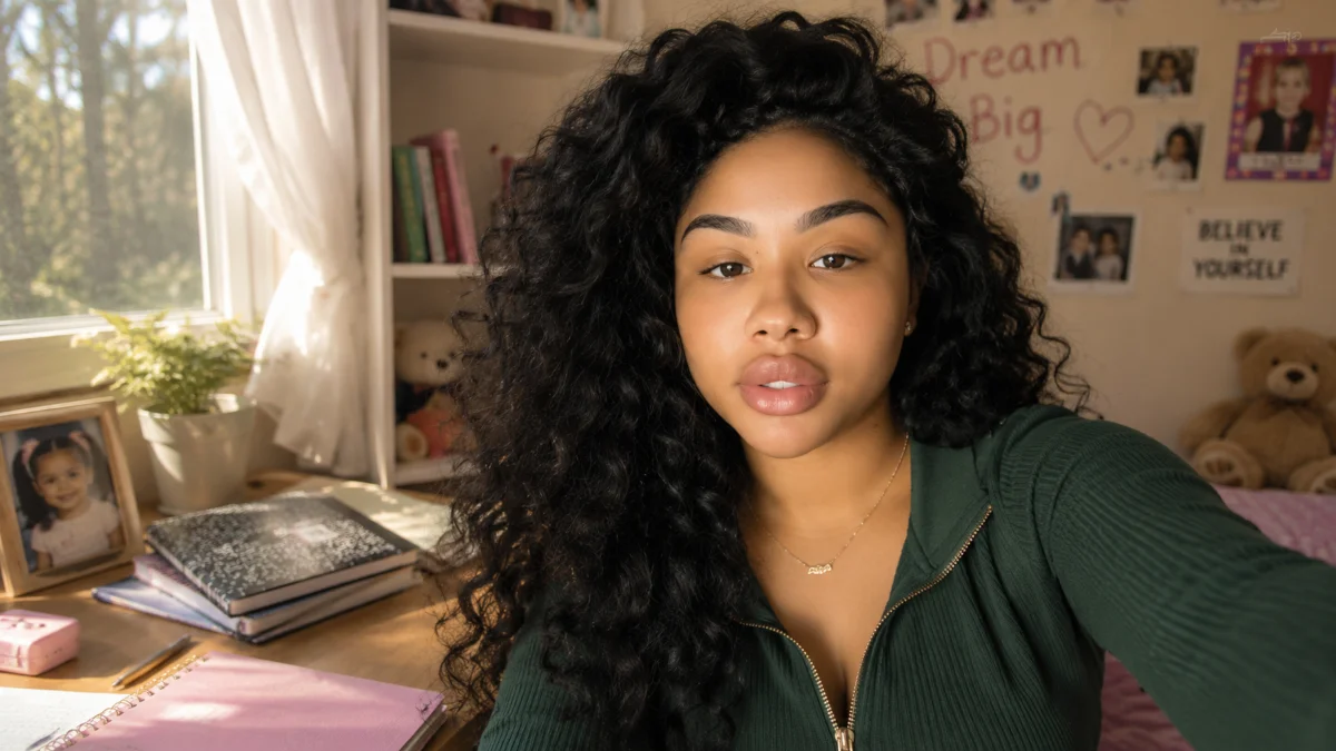 Ari Fletcher Net Worth early life portrait in a cozy home setting wearing a green outfit reflecting her childhood background