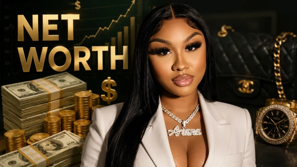 Ari Fletcher Net Worth luxury-themed portrait with cash, gold coins, designer accessories, and financial growth background