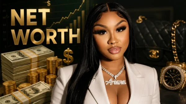 Ari Fletcher Net Worth luxury-themed portrait with cash, gold coins, designer accessories, and financial growth background
