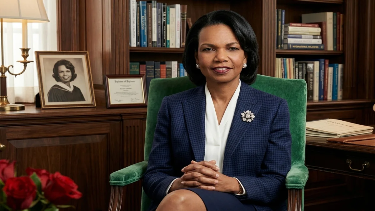 Condoleezza Rice in an executive office, illustrating the early life, education, and career foundation that contributed to Condoleezza Rice Net Worth.