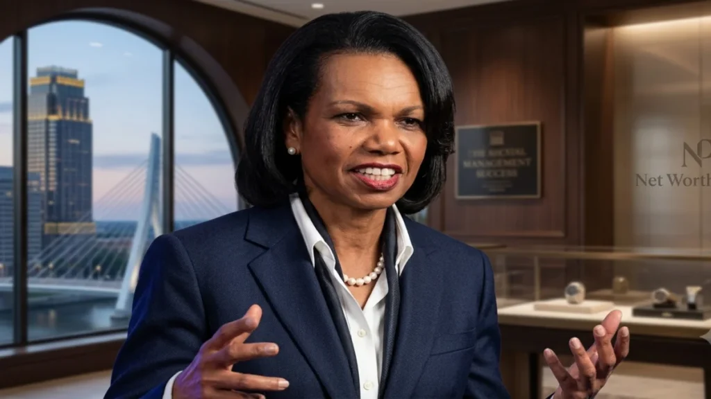Former U.S. Secretary of State speaking in an executive office, representing the Condoleezza Rice Net Worth overview and financial standing.