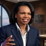 Former U.S. Secretary of State speaking in an executive office, representing the Condoleezza Rice Net Worth overview and financial standing.