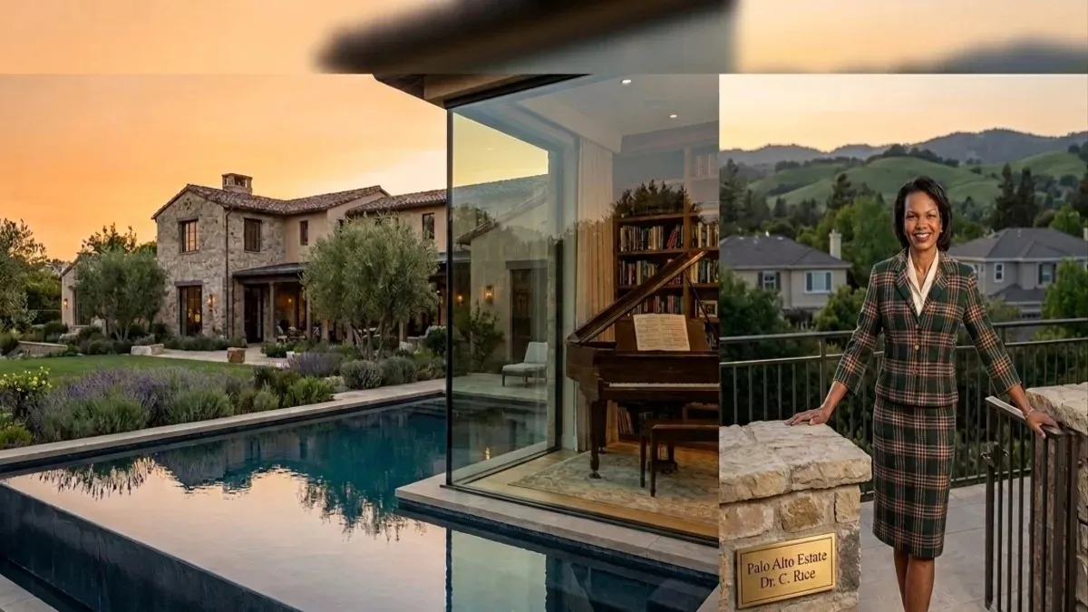 Exterior view of a luxury residential estate and poolside patio representing property investments tied to Condoleezza Rice Net Worth.