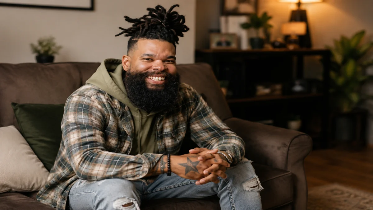 Damon Darling smiling in a casual home setting during his early years, reflecting the story behind Damon Darling Net Worth and personal growth. 