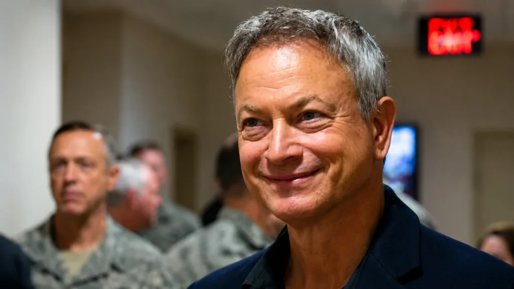 Gary Sinise smiling during a military event for Gary Sinise Net Worth
