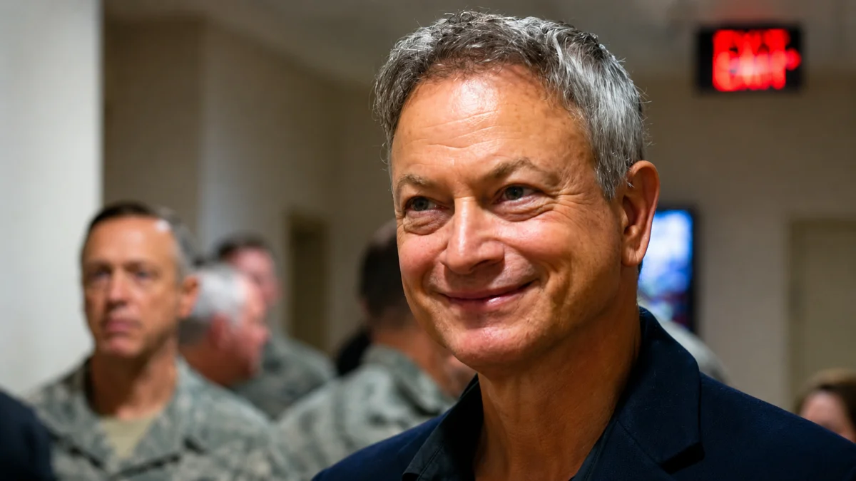 Gary Sinise smiling during a military event for Gary Sinise Net Worth