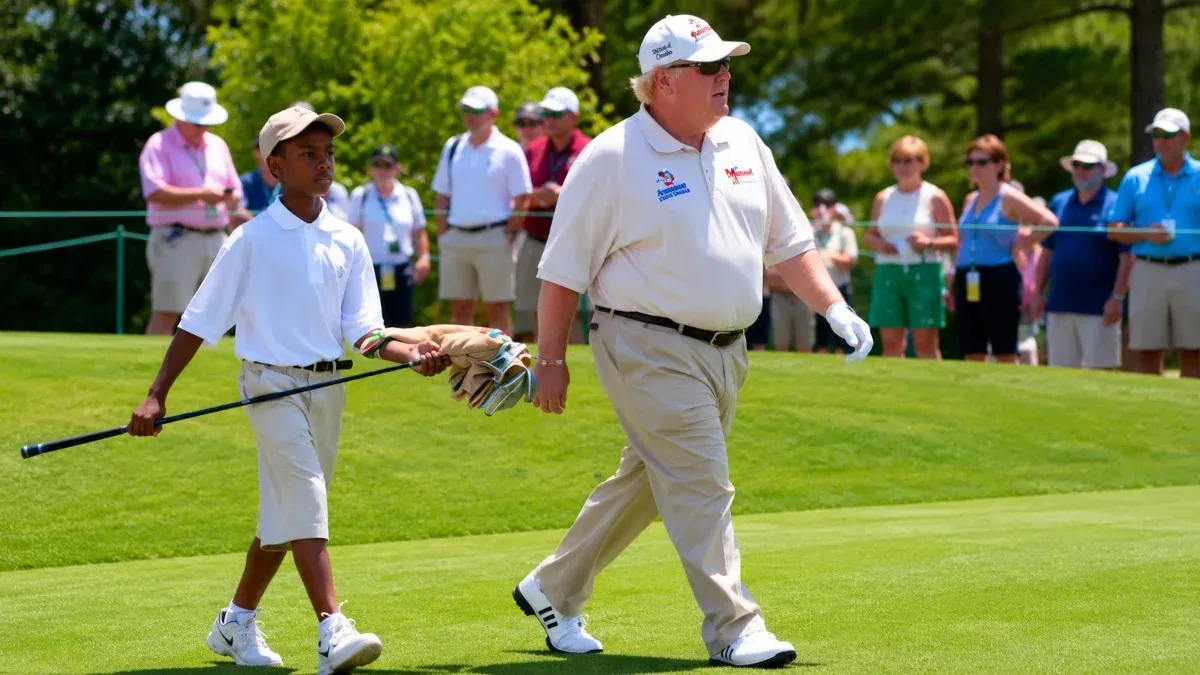 John Daly walking with a young caddie on the golf course during a tournament, featured in coverage of John Daly Net Worth and his golf legacy