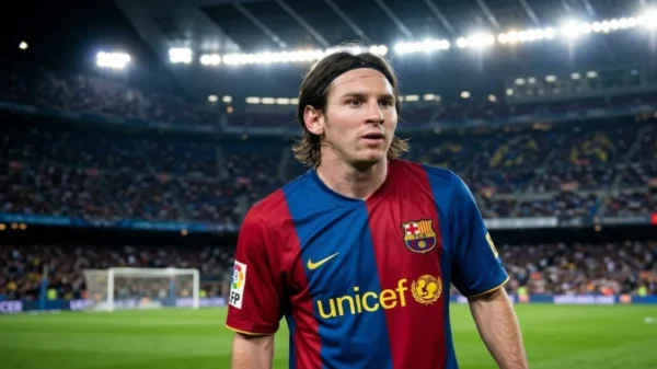 Soccer superstar Lionel Messi Net Worth and financial status illustration with a photo of him at a massive stadium.
