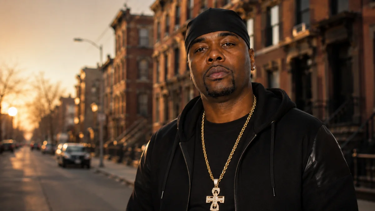 Memphis Bleek Net Worth early life portrait showing the rapper in casual streetwear with an urban neighborhood background reflecting his humble beginnings.