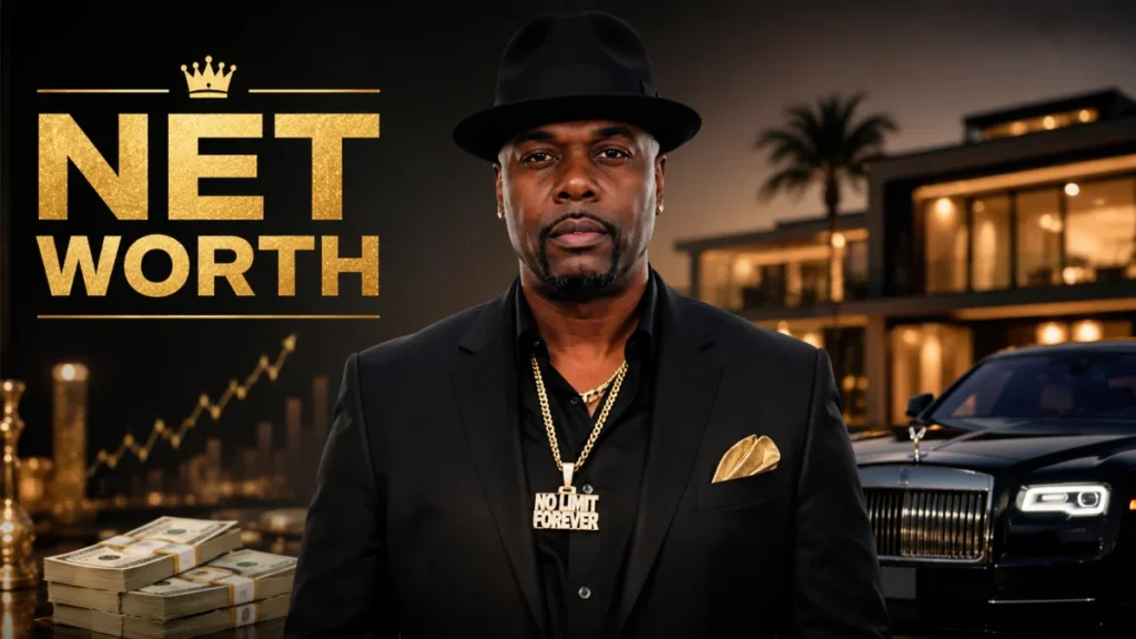 Memphis Bleek Net Worth luxury portrait featuring the rapper in a black suit with a luxury mansion, Rolls-Royce, and cash symbolizing wealth and financial success.