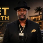 Memphis Bleek Net Worth luxury portrait featuring the rapper in a black suit with a luxury mansion, Rolls-Royce, and cash symbolizing wealth and financial success.