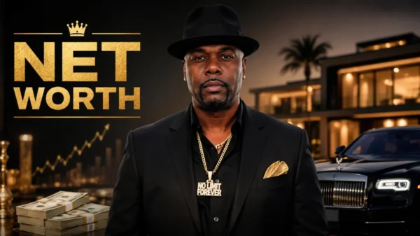 Memphis Bleek Net Worth luxury portrait featuring the rapper in a black suit with a luxury mansion, Rolls-Royce, and cash symbolizing wealth and financial success.