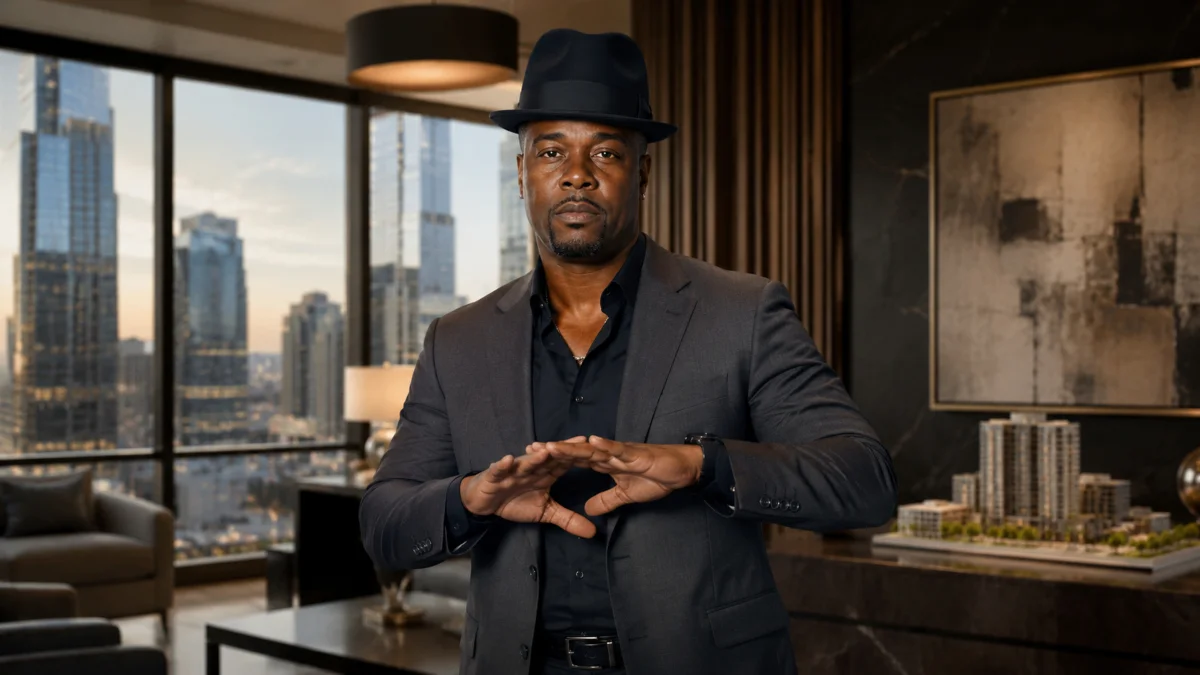 Memphis Bleek Net Worth real estate portrait featuring Memphis Bleek in a luxury property with modern interiors and premium real estate surroundings.
