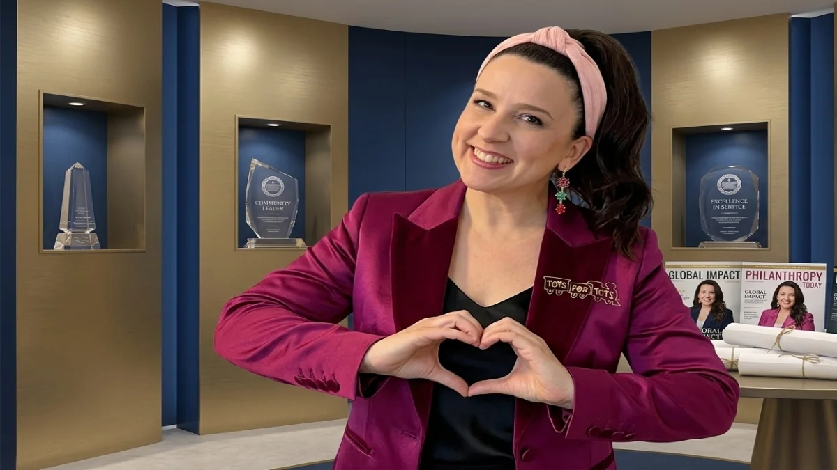 Ms Rachel making a heart hand sign in an awards display case setting with a focus on her public success and factors contributing to Ms Rachel Net Worth.