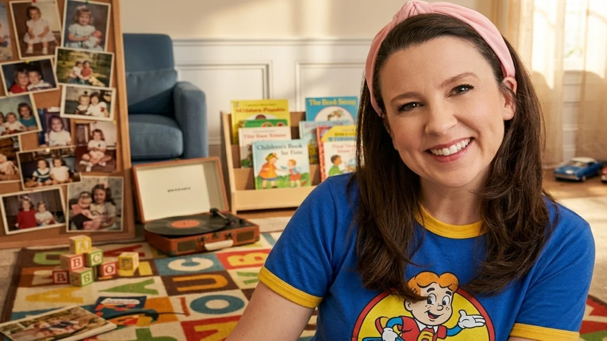 Ms Rachel smiling in an educational studio surrounded by children's books and vintage toys, illustrating her early life and career foundation impacting Ms Rachel Net Worth.
