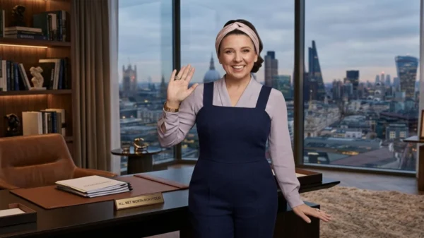 Ms Rachel Net Worth with a professional woman in a luxurious London office.