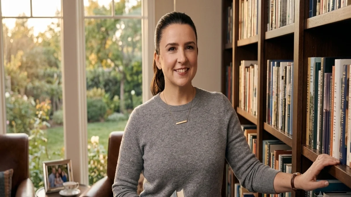 Ms Rachel standing in her home library surrounded by books, highlighting her personal life, lifestyle, and background related to Ms Rachel Net Worth.