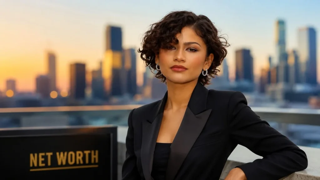Zendaya Net Worth – Zendaya posing in a black blazer with a city skyline, highlighting her successful career, wealth, and financial achievements.