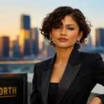 Zendaya Net Worth – Zendaya posing in a black blazer with a city skyline, highlighting her successful career, wealth, and financial achievements.