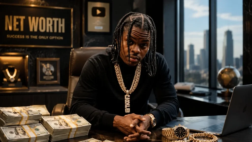 42 Dugg Net Worth showing the rapper in a luxury office surrounded by money and expensive accessories