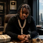 42 Dugg Net Worth showing the rapper in a luxury office surrounded by money and expensive accessories