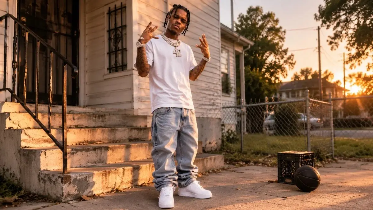 42 Dugg Net Worth early lifestyle showing the rapper standing outside in casual clothing during his early years