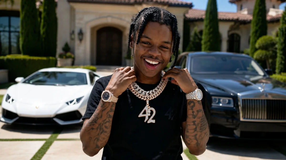 42 Dugg Net Worth and luxury lifestyle featuring the rapper with expensive jewelry and luxury cars outside a mansion
