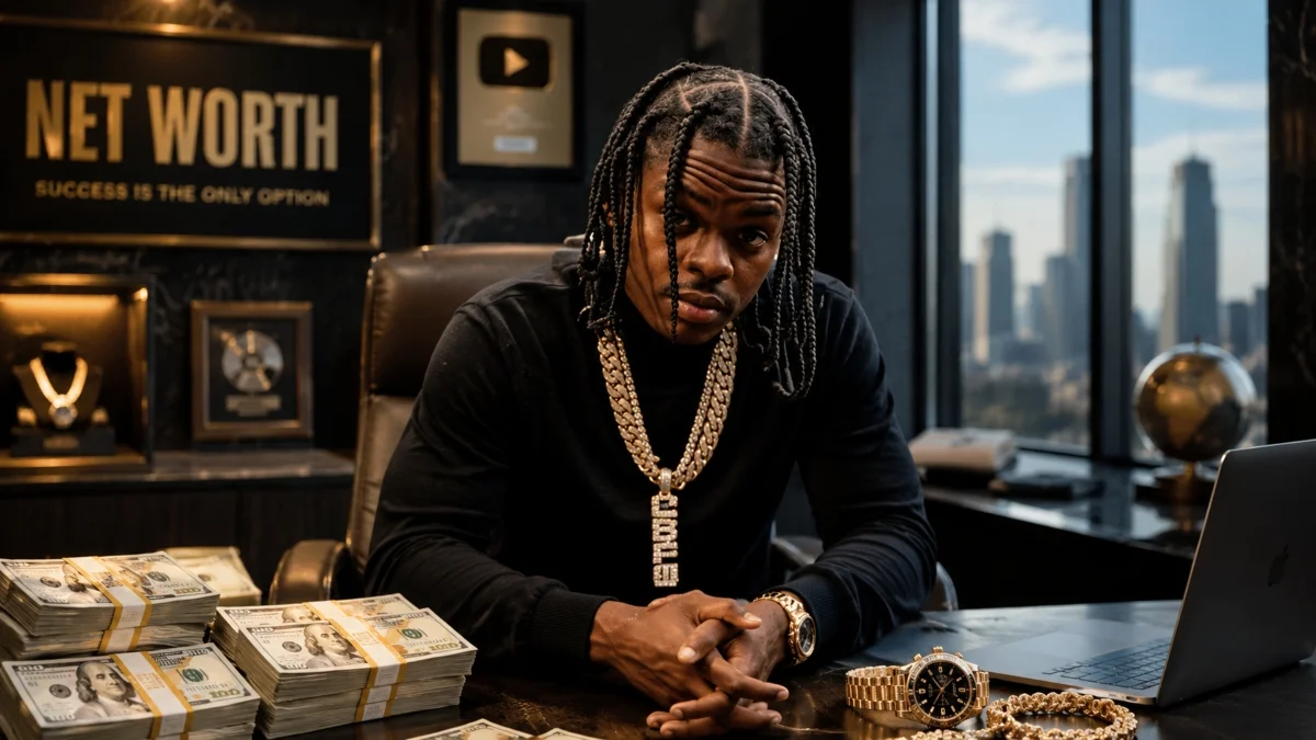 42 Dugg Net Worth showing the rapper in a luxury office surrounded by money and expensive accessories
