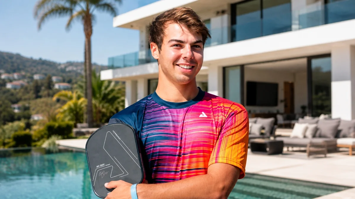 Ben Johns Net Worth featuring Ben Johns with a pickleball paddle at a luxury home and pool.