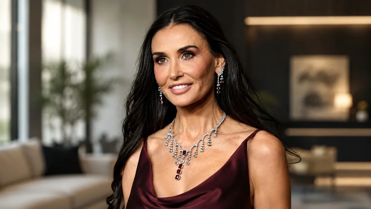 Demi Moore in a luxury home interior featured in an article about Demi Moore Net Worth, her real estate portfolio, luxury properties, wealth, and celebrity lifestyle.