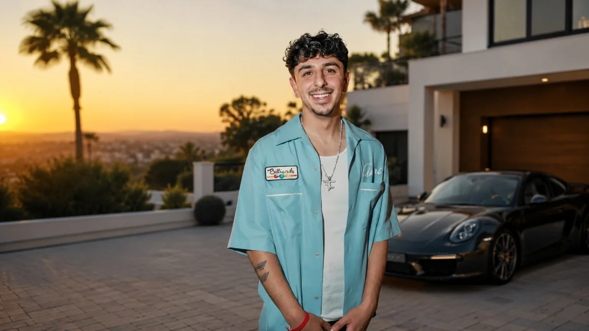 FaZe Rug posing outside a luxury home for an article about Faze Rug Net Worth, early lifestyle, YouTube success, wealth, and career achievements.