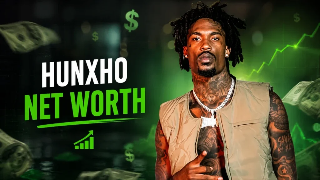 Hunxho Net Worth graphic showing the rapper with money, financial growth charts, and a wealth-themed background
