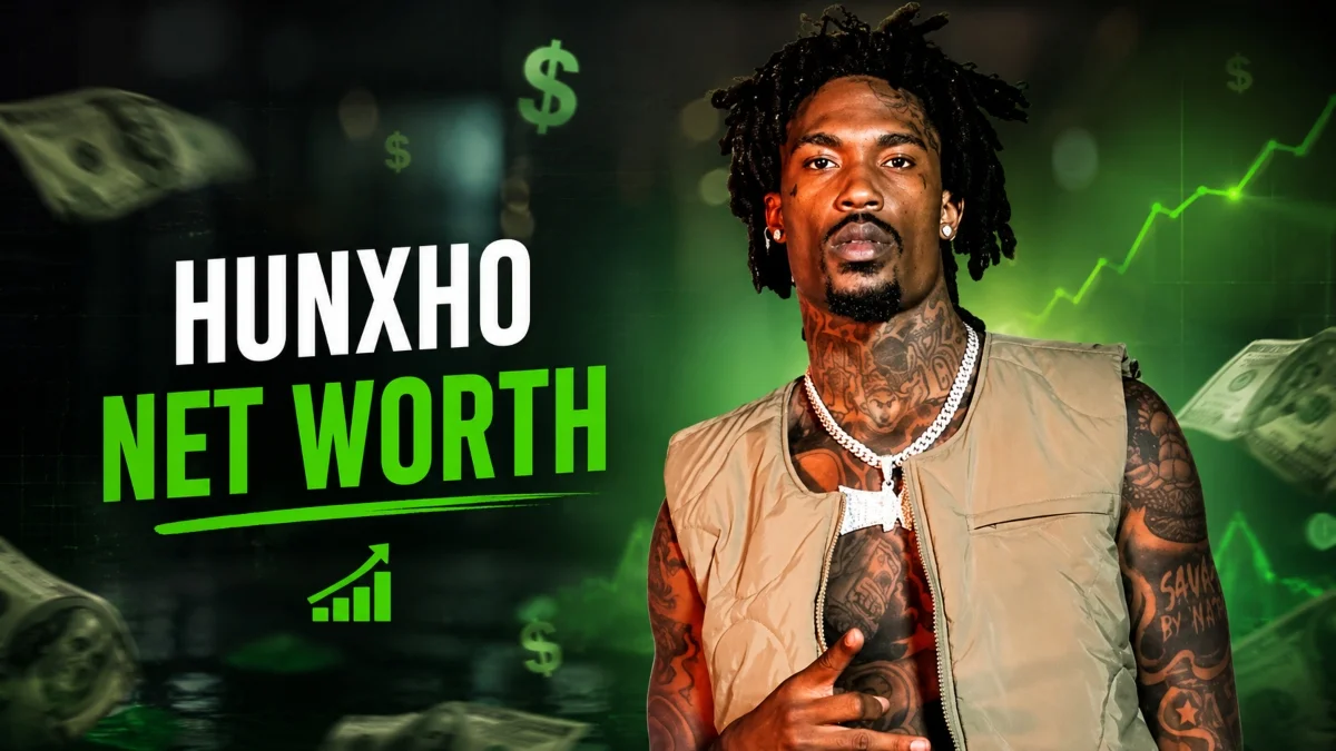 Hunxho Net Worth graphic showing the rapper with money, financial growth charts, and a wealth-themed background