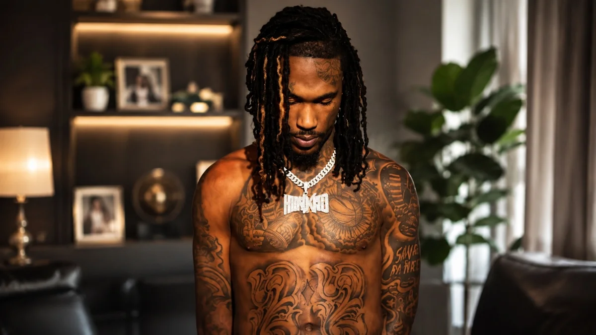 Hunxho Net Worth personal lifestyle portrait showing the rapper in a stylish indoor setting