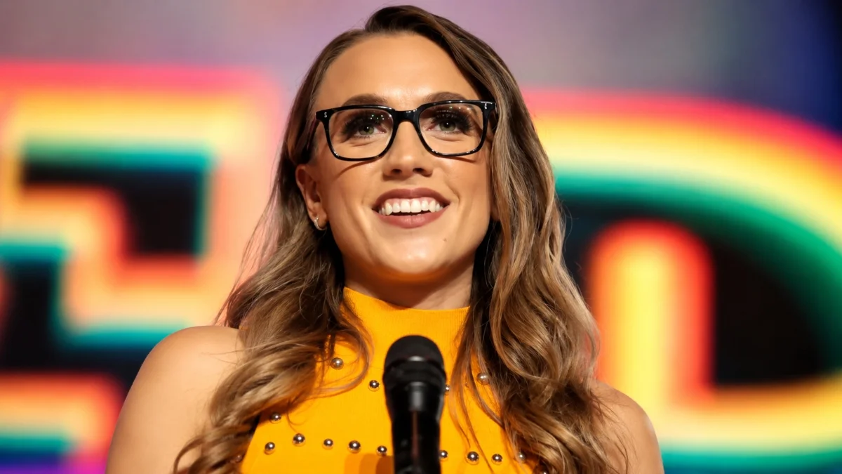 Kat Timpf Net Worth – Kat Timpf smiling during a public appearance in a yellow outfit and glasses