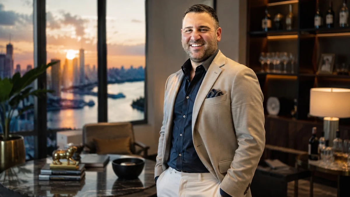 Misha Ezratti Net Worth early life portrait showing the real estate executive in smart business-casual attire, representing his background, career journey, and professional success.