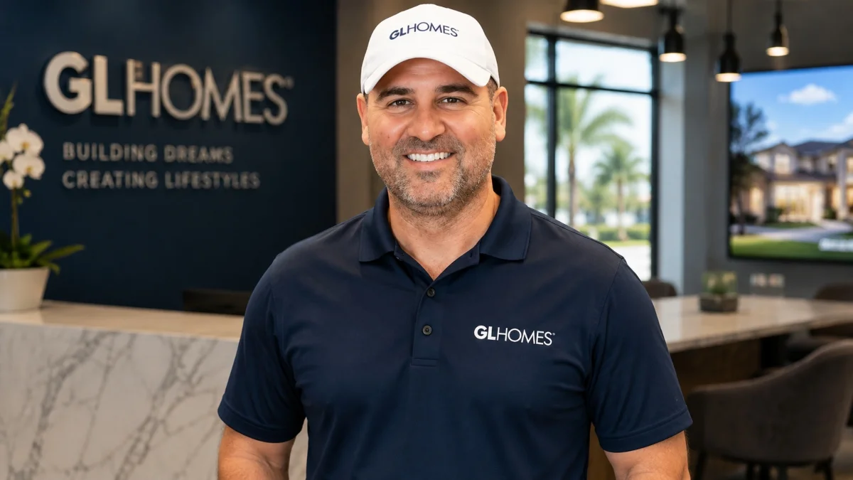 Misha Ezratti Net Worth image showing Misha Ezratti during his GL Homes career, wearing branded GL Homes apparel in a modern corporate office, representing his leadership and real estate success.