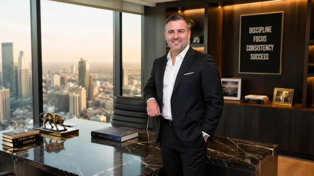 Misha Ezratti Net Worth featured in a luxury executive office wearing a formal business suit with a modern corporate background.