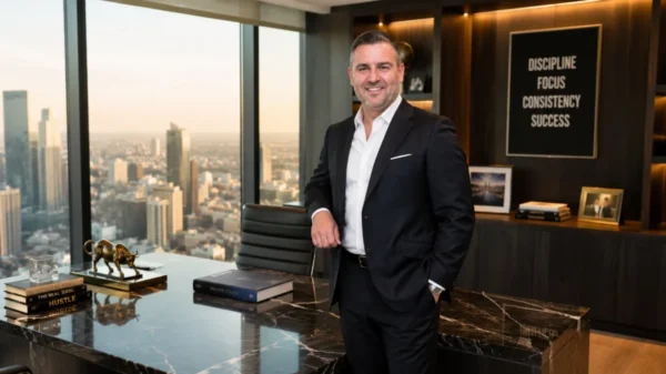 Misha Ezratti Net Worth featured in a luxury executive office wearing a formal business suit with a modern corporate background.