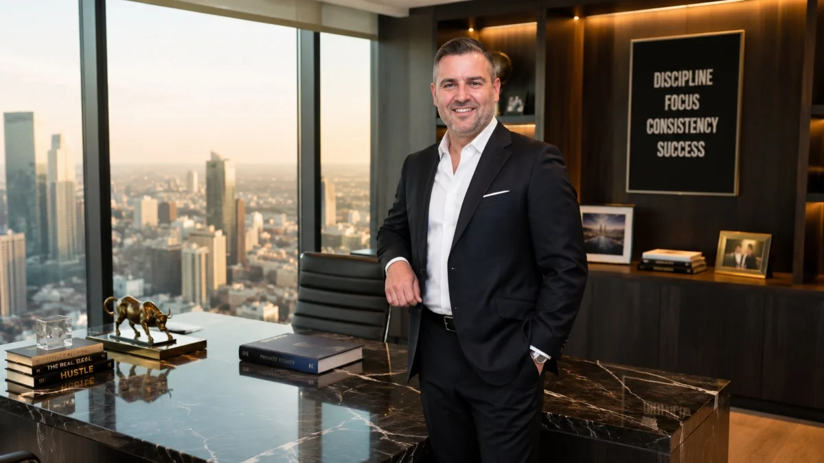 Misha Ezratti Net Worth featured in a luxury executive office wearing a formal business suit with a modern corporate background.