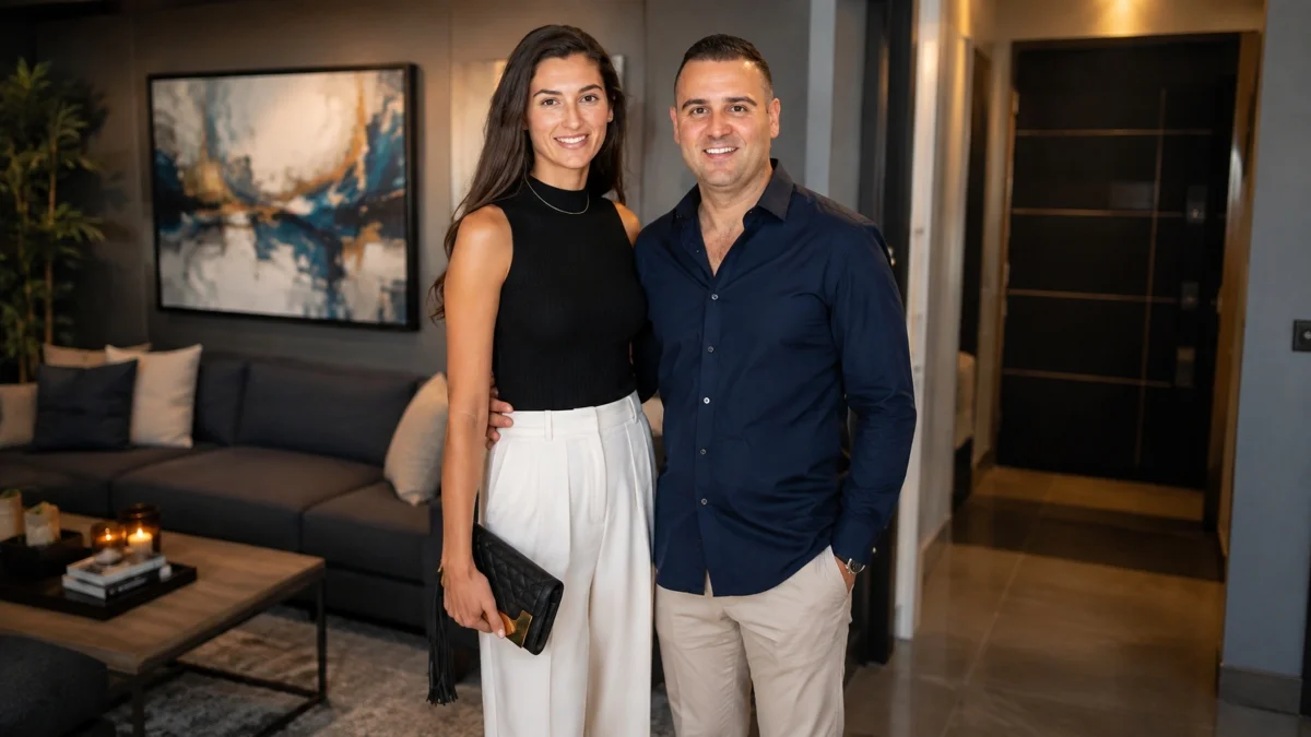 Misha Ezratti Net Worth personal life image featuring Misha Ezratti with his partner in a modern home, showcasing his family lifestyle and successful career.