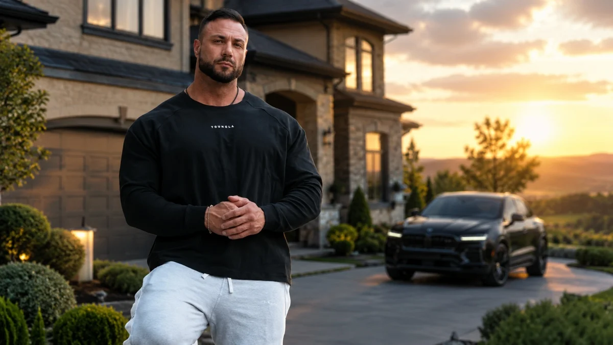 Noel Deyzel Net Worth article image showing Noel Deyzel standing outside a luxury home during his early life background section.