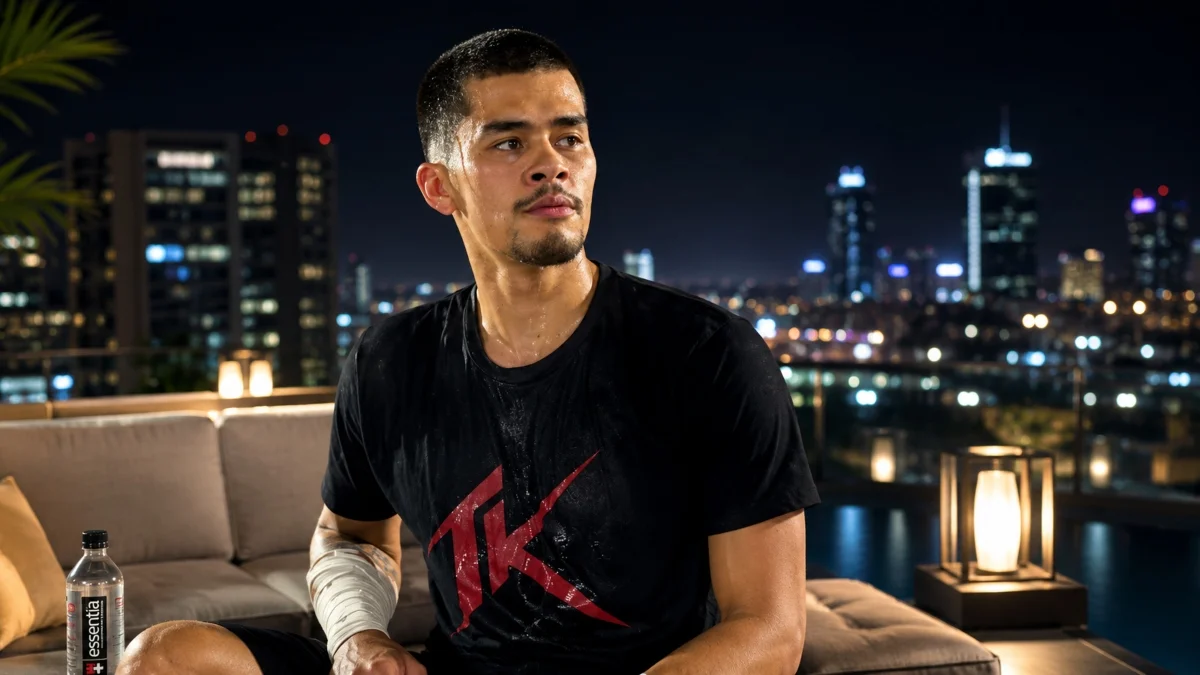 Sneako Net Worth personal lifestyle showing Sneako relaxing on a rooftop with a city skyline at night.