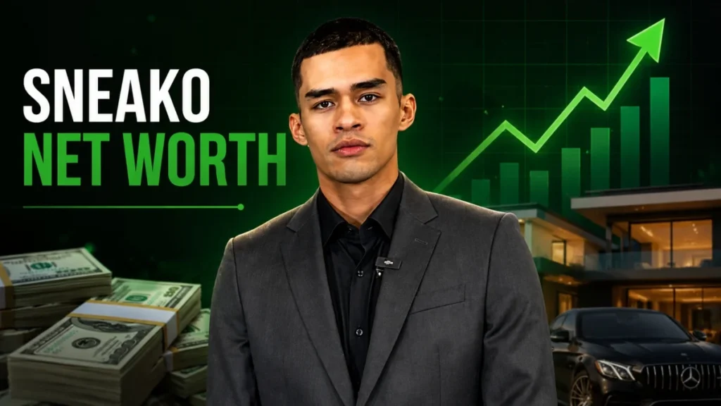 Sneako Net Worth showing Sneako in a suit with money, luxury car, mansion, and rising wealth chart.
