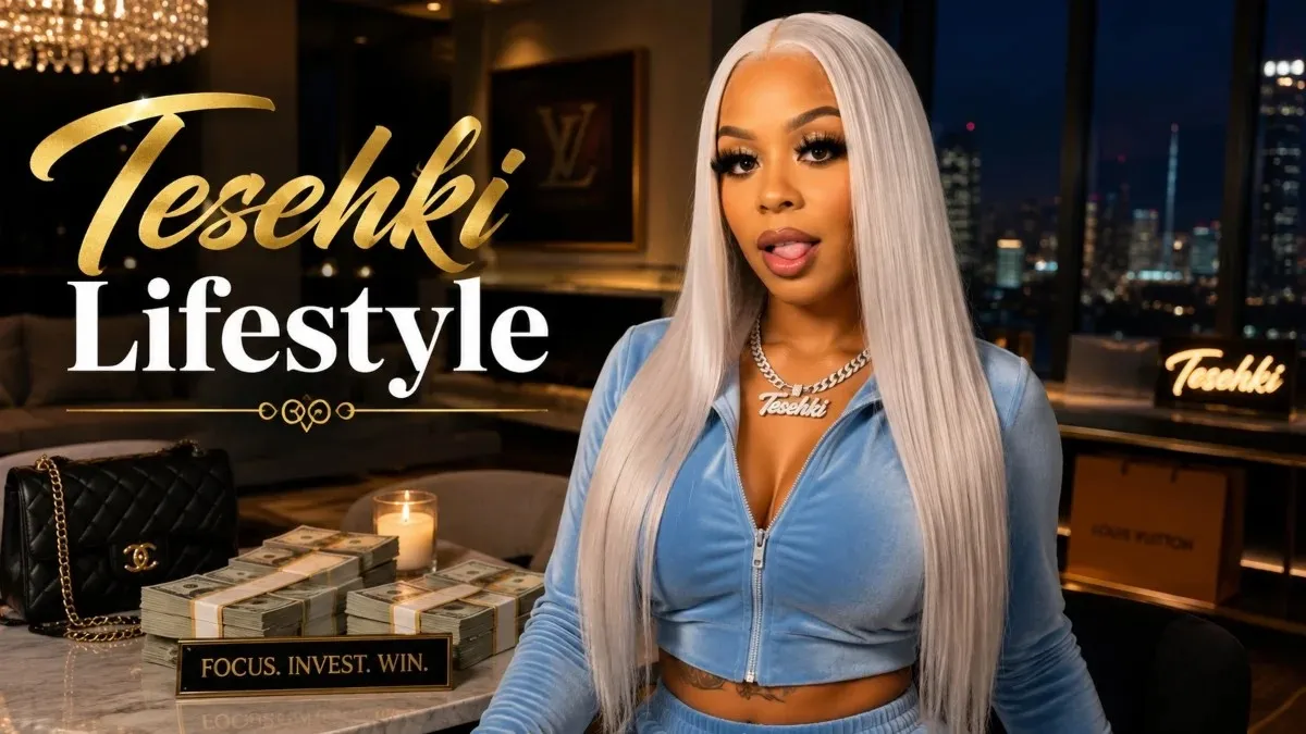 Tesehki Net Worth lifestyle featuring luxury fashion, cash, designer handbag, and upscale city background