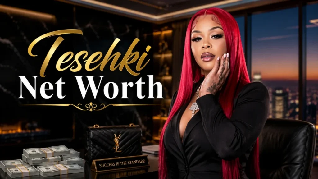 Tesehki Net Worth in a luxury setting with cash, designer handbag, and glamorous lifestyle