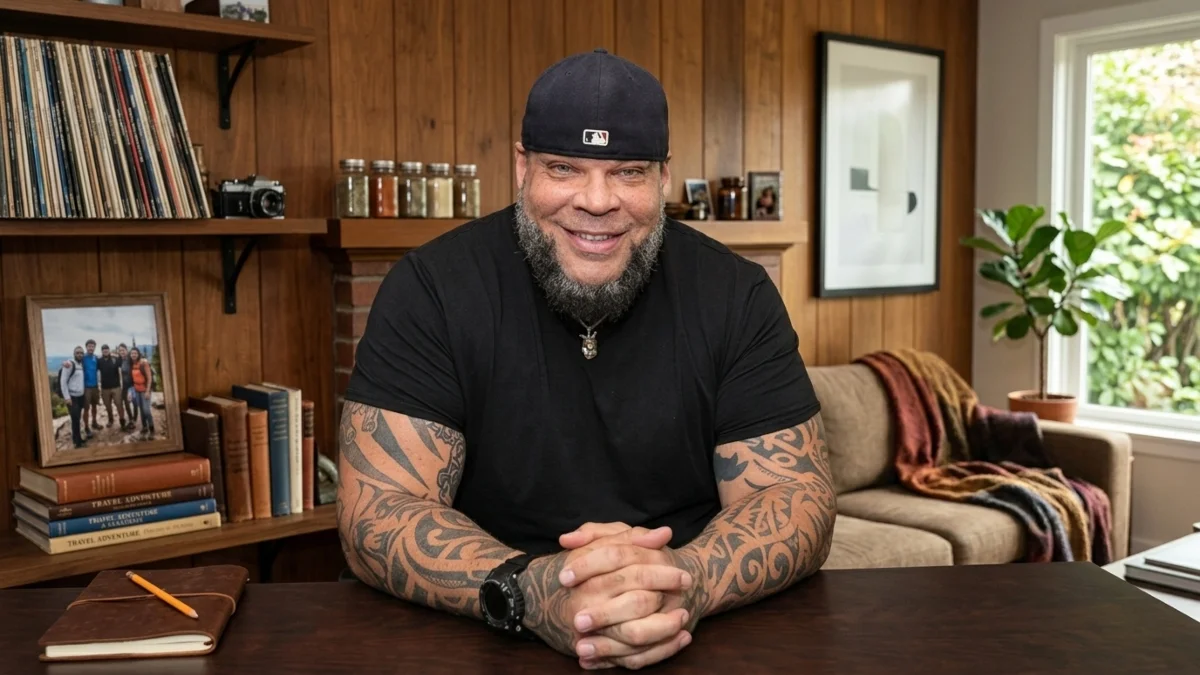 Tyrus sitting at a wooden desk at home, highlighting his personal life and career success related to Tyrus Net Worth.