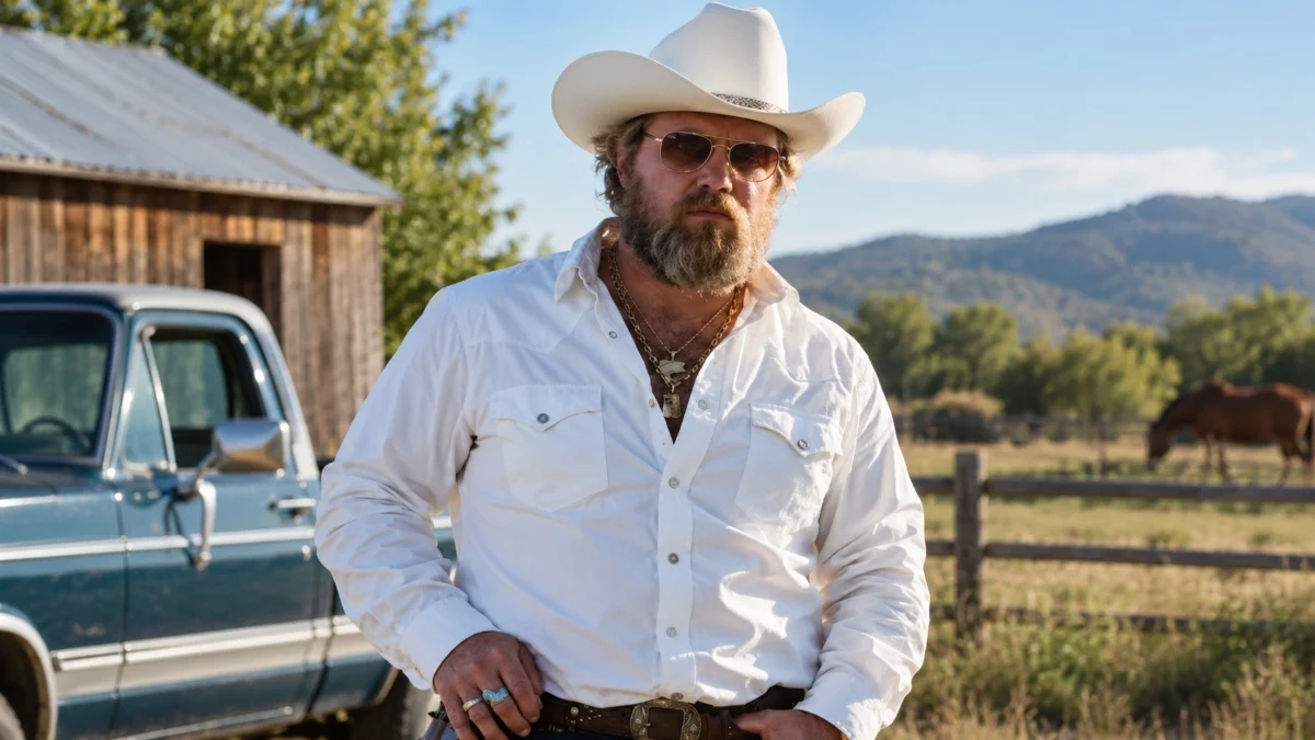 Ernest Net Worth early lifestyle showing a country setting with a vintage pickup truck, rustic barn, and Western-inspired outfit.